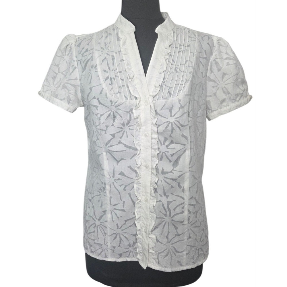 Fred David White Button-Up Floral Ruffle Pintuck Shirt Coquette Ethereal Size M